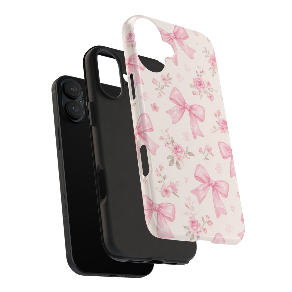 Pink Bow Floral Phone Case, Cute Vintage Rose Pattern