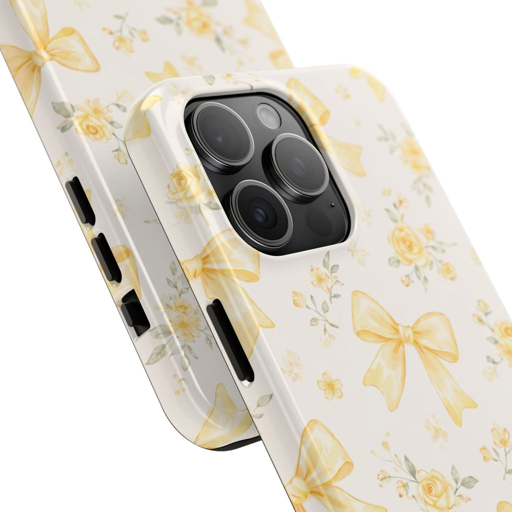 Yellow Bow Floral Phone Case, Cute Yellow Ribbon Pattern