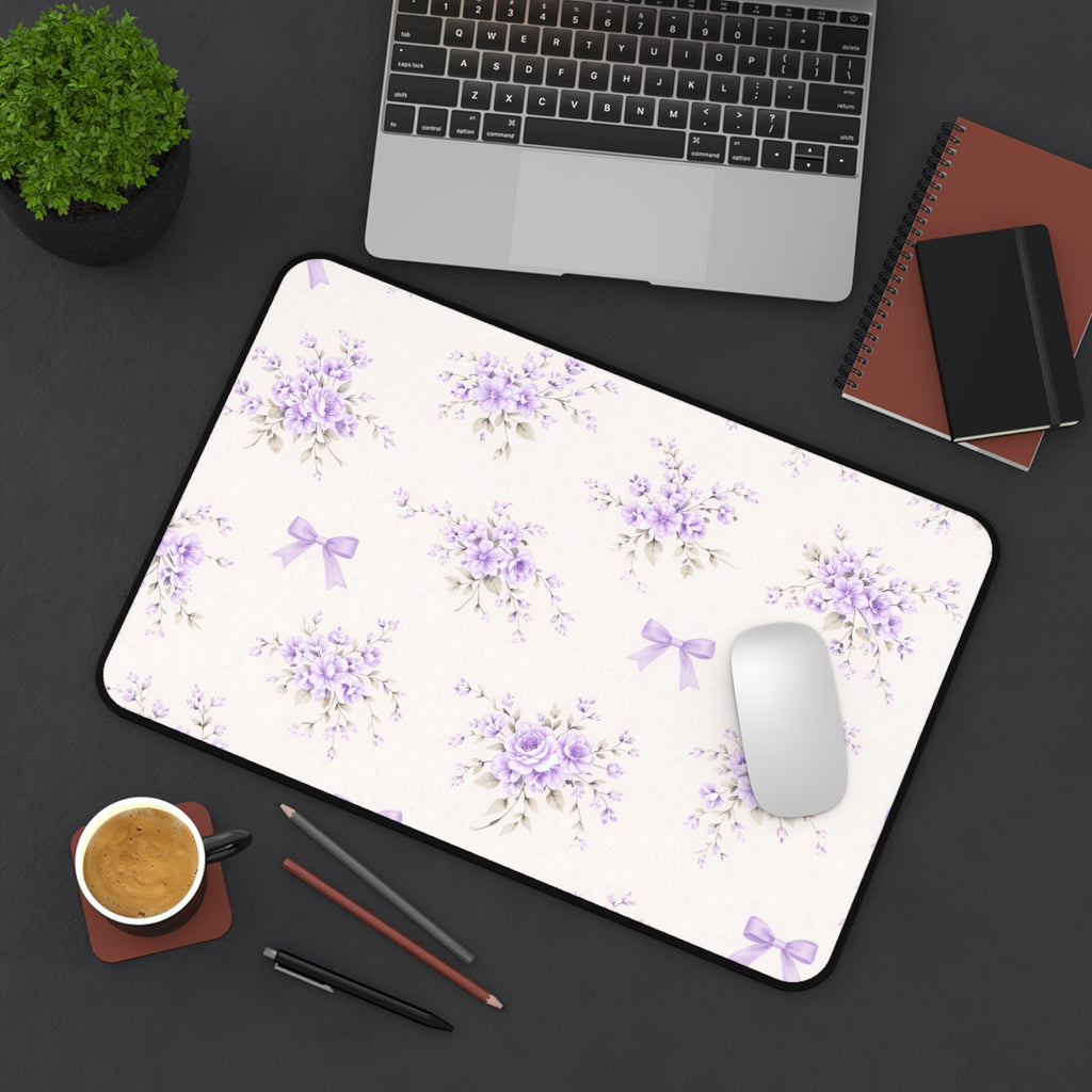 Lavender Floral Bouquet Desk Mat | Purple Ribbon Pattern