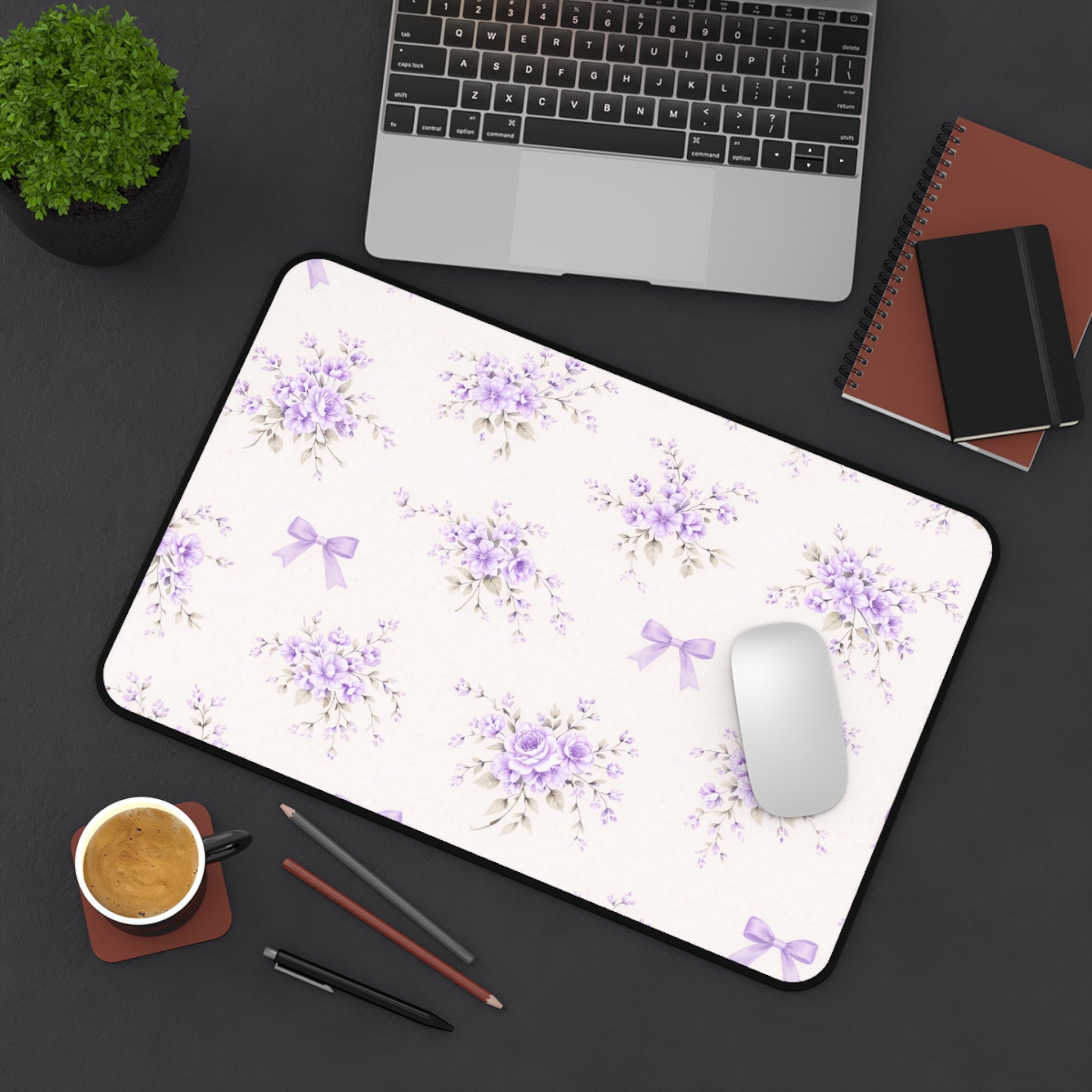 Lavender Floral Bouquet Desk Mat | Purple Ribbon Pattern