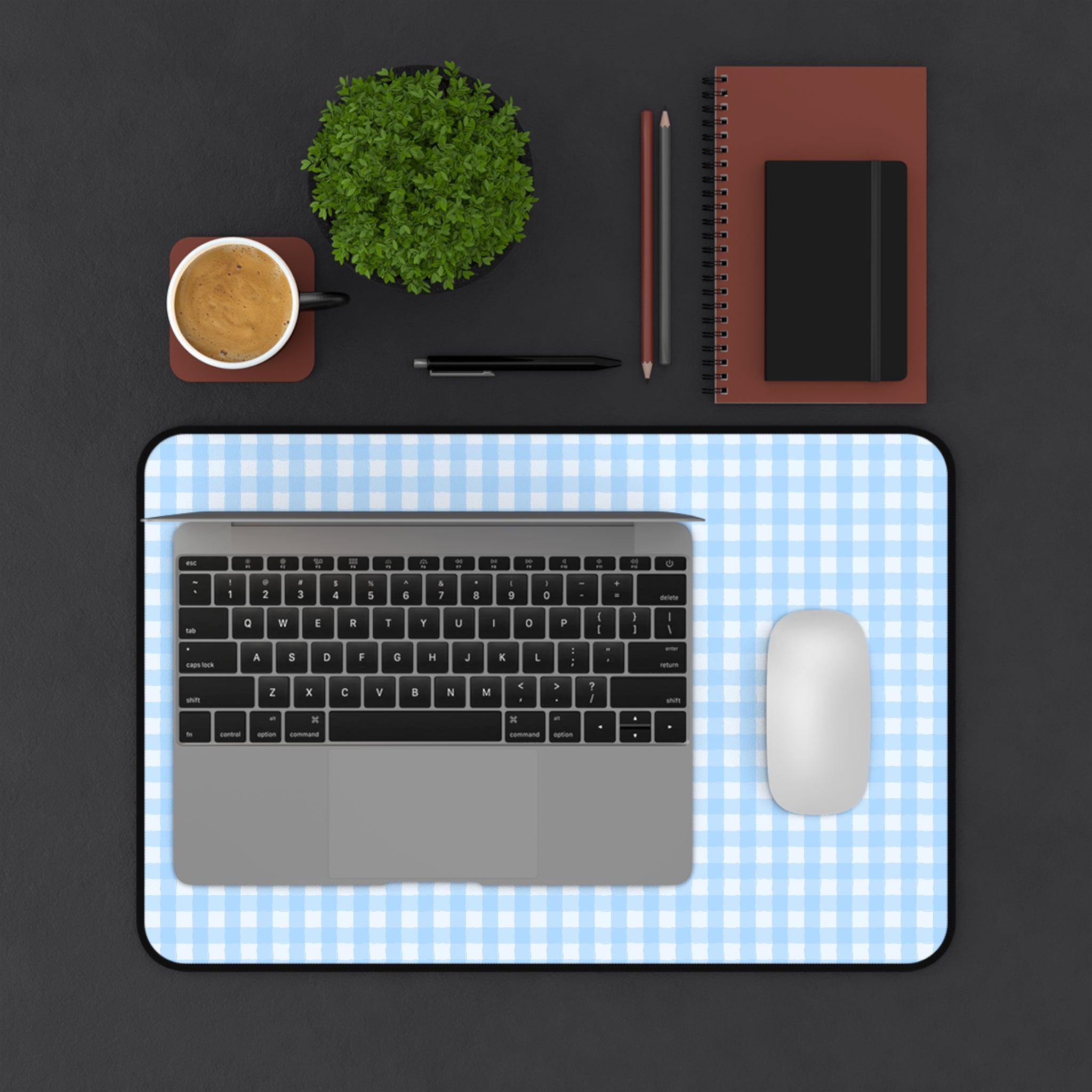 Blue Gingham Desk Mat – Pastel Checkered Mousepad for Home Office & Study