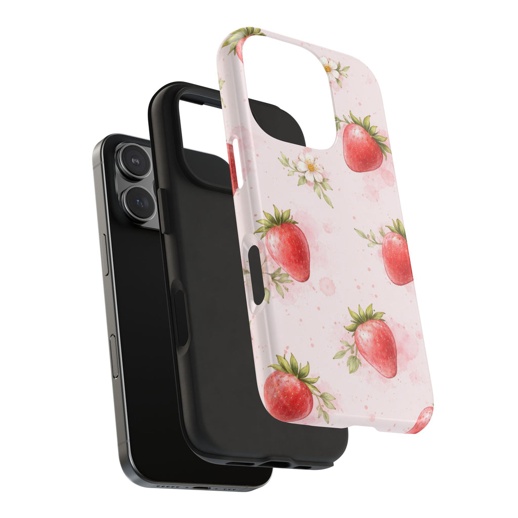 Watercolor Strawberry Phone Case, Pink Floral Fruit Pattern