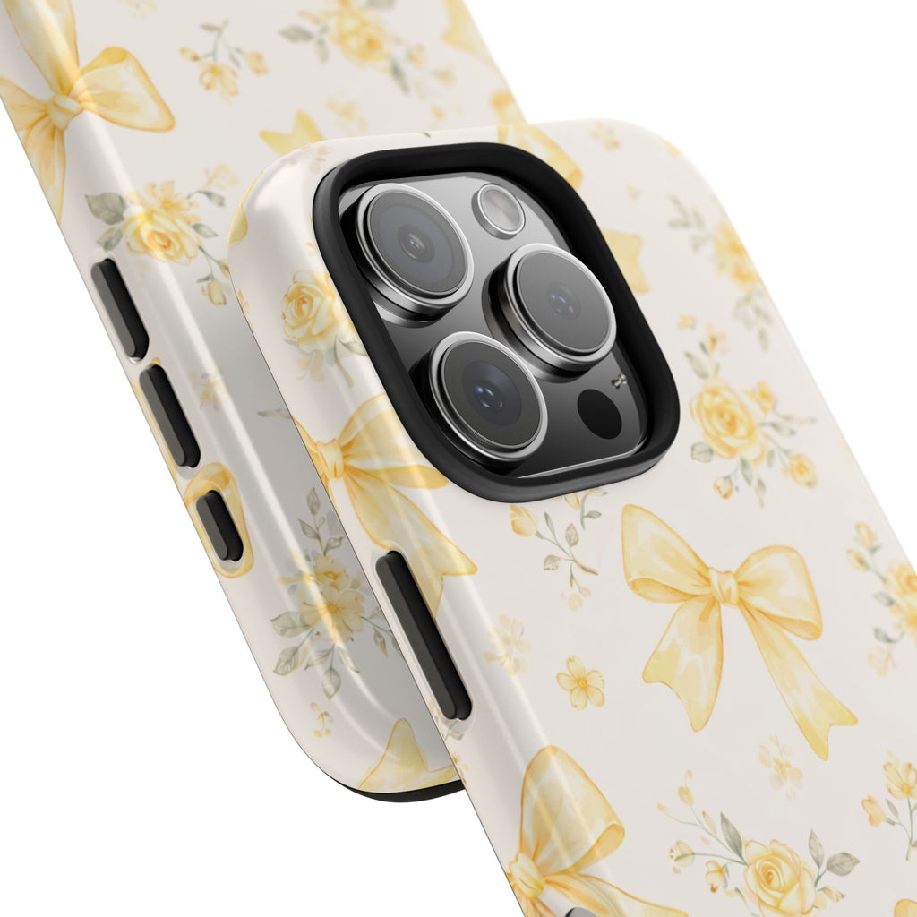 Yellow Bow Floral Phone Case, Cute Yellow Ribbon Pattern