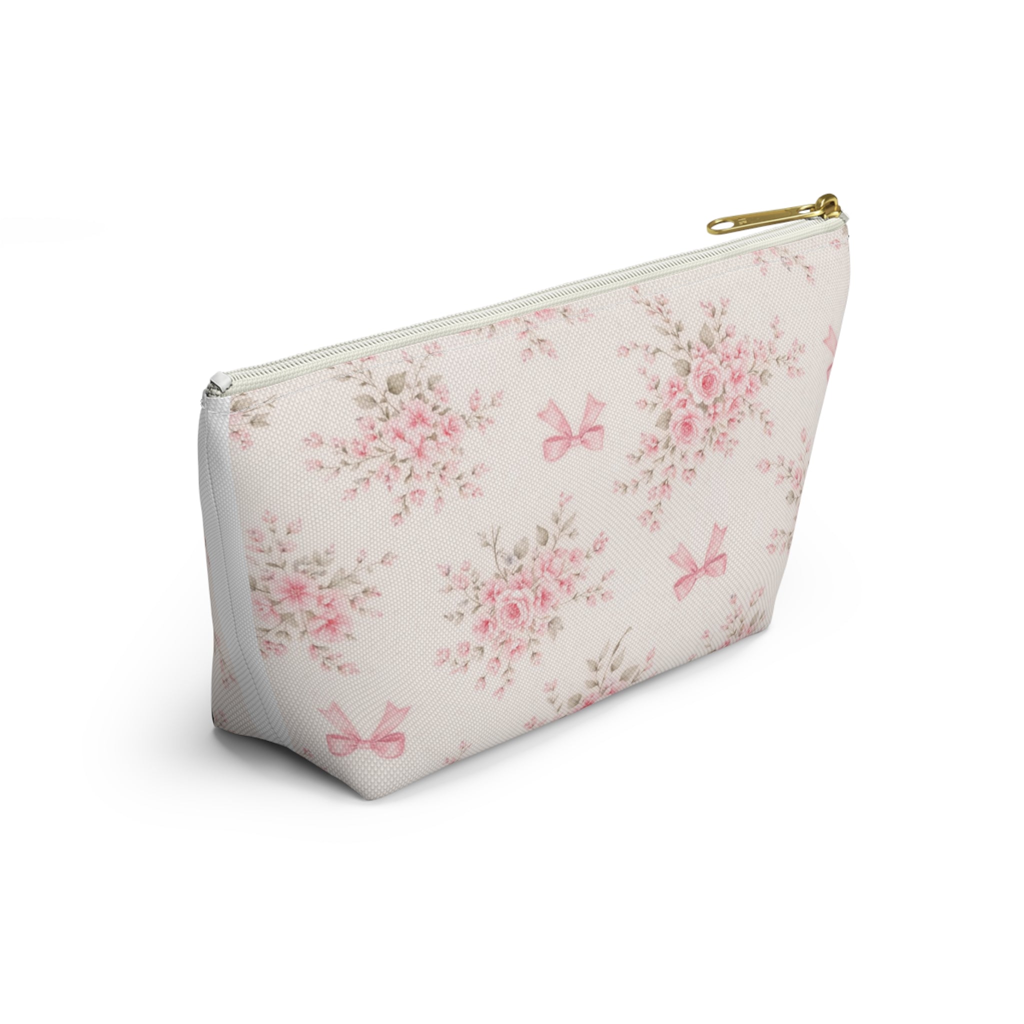 Pink Floral Bow Pattern Accessory Pouch | Makeup Bag, T-Bottom