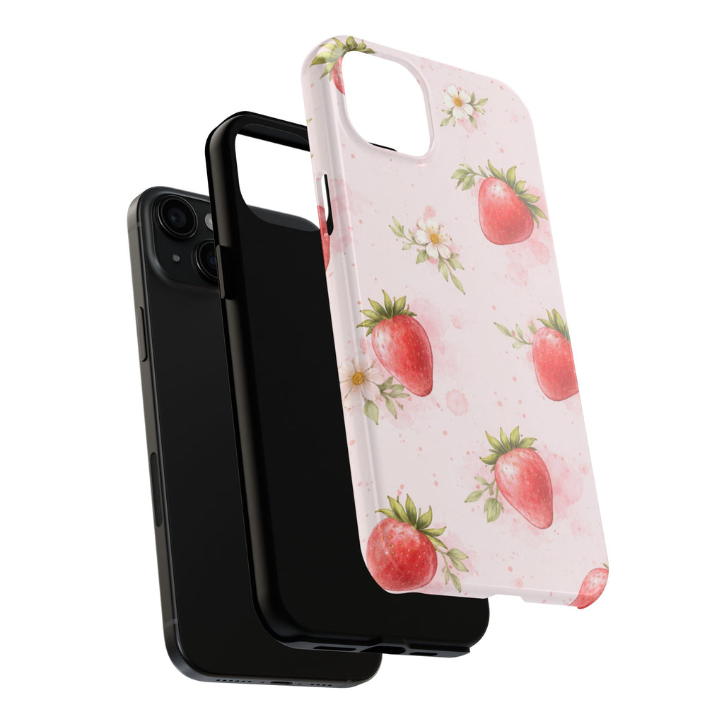 Watercolor Strawberry Phone Case, Pink Floral Fruit Pattern