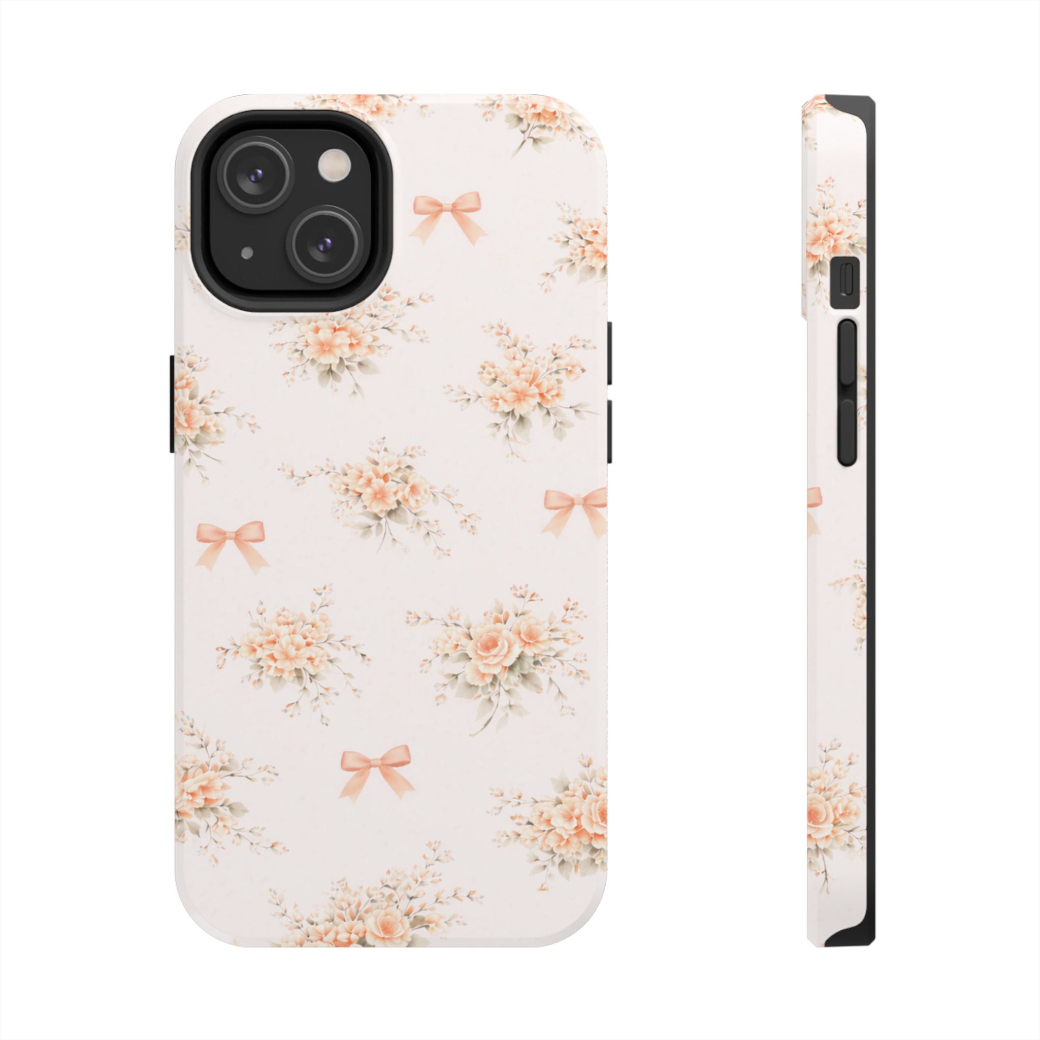 Vintage Peach Floral Bouquet iPhone Case, Tough Pastel Bow Pattern