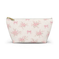 Pink Floral Bow Pattern Accessory Pouch | Makeup Bag, T-Bottom