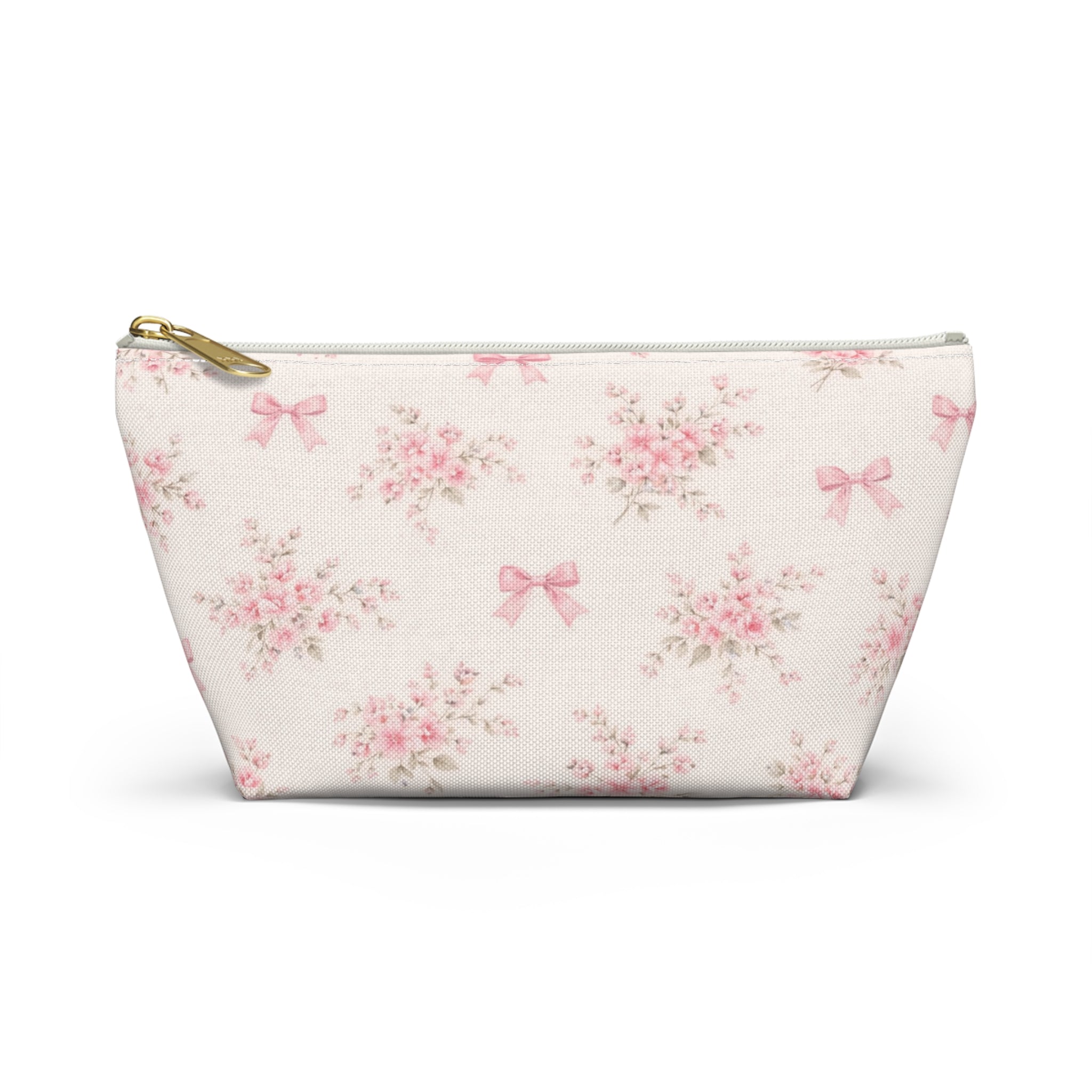 Pink Floral Bow Pattern Accessory Pouch | Makeup Bag, T-Bottom