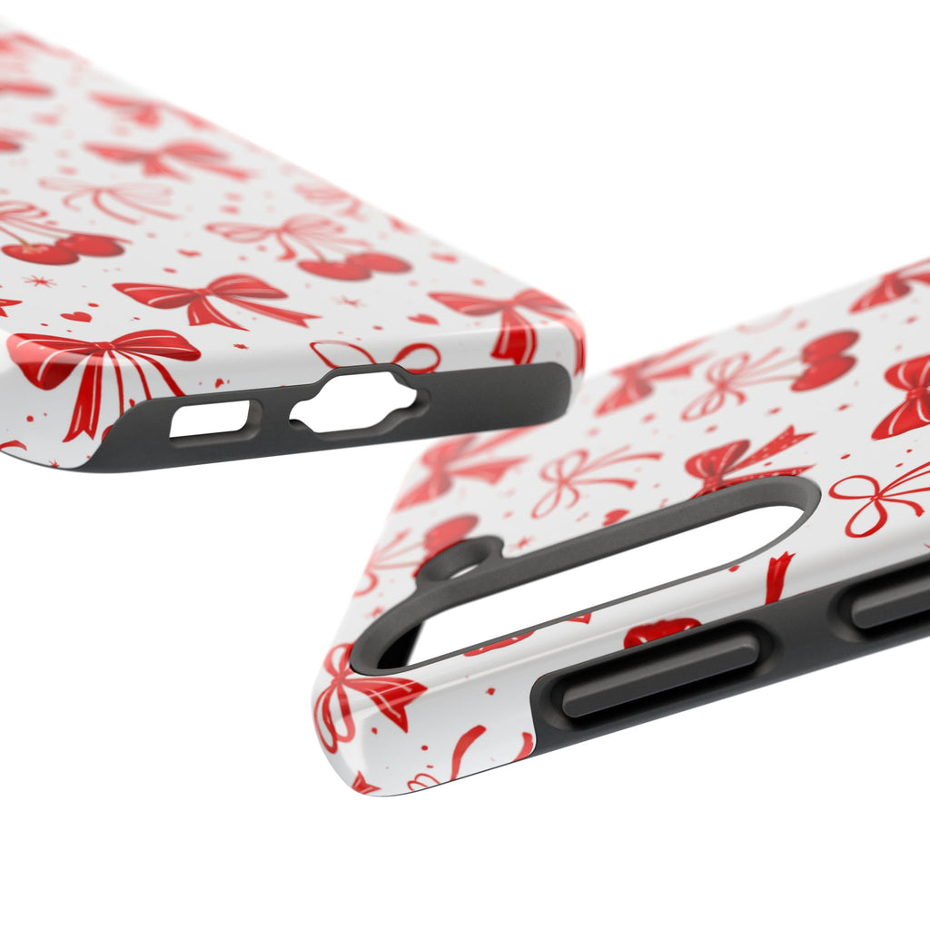 Red Bows and Cherries Tough Phone Case, Cherry Bow Pattern