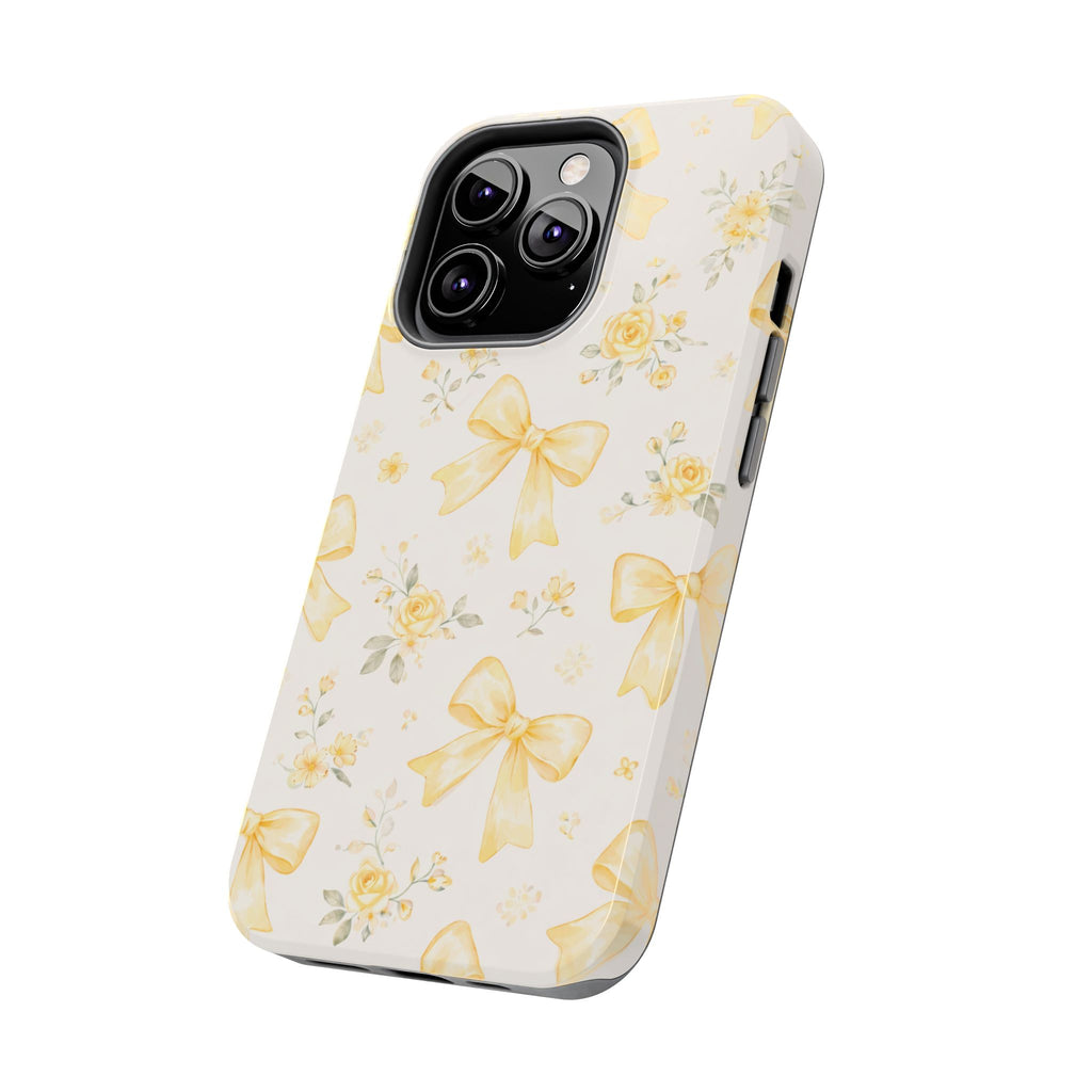 Yellow Bow Floral Phone Case, Cute Yellow Ribbon Pattern