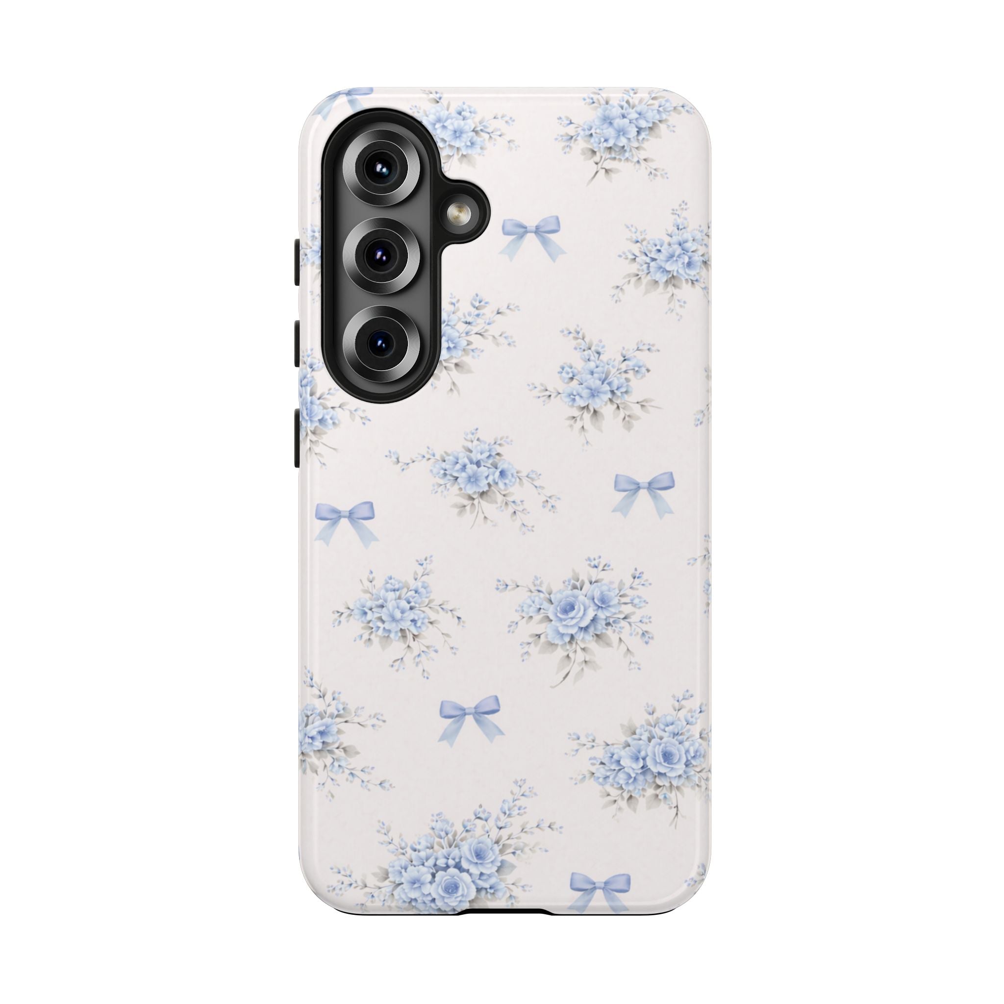 Blue Floral Bows Tough Samsung Galaxy Phone Case, Vintage Bouquet Pattern
