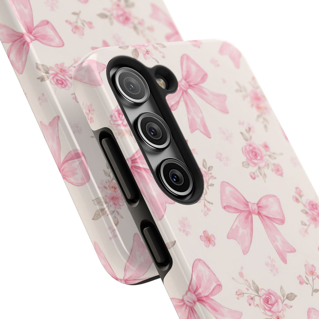 Pink Watercolor Bows Tough Phone Case, Floral Ribbon Pattern