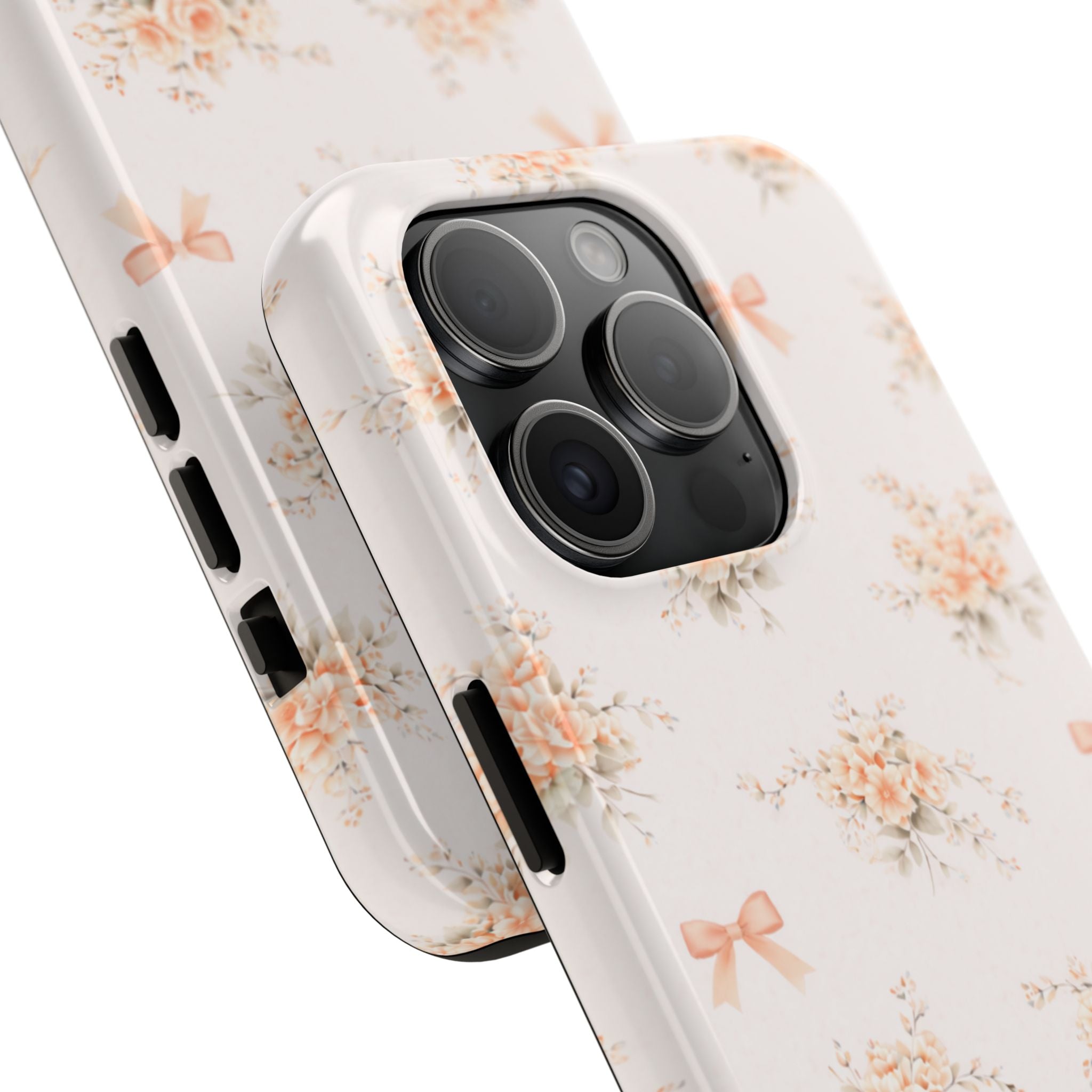 Vintage Peach Floral Bouquet iPhone Case, Tough Pastel Bow Pattern
