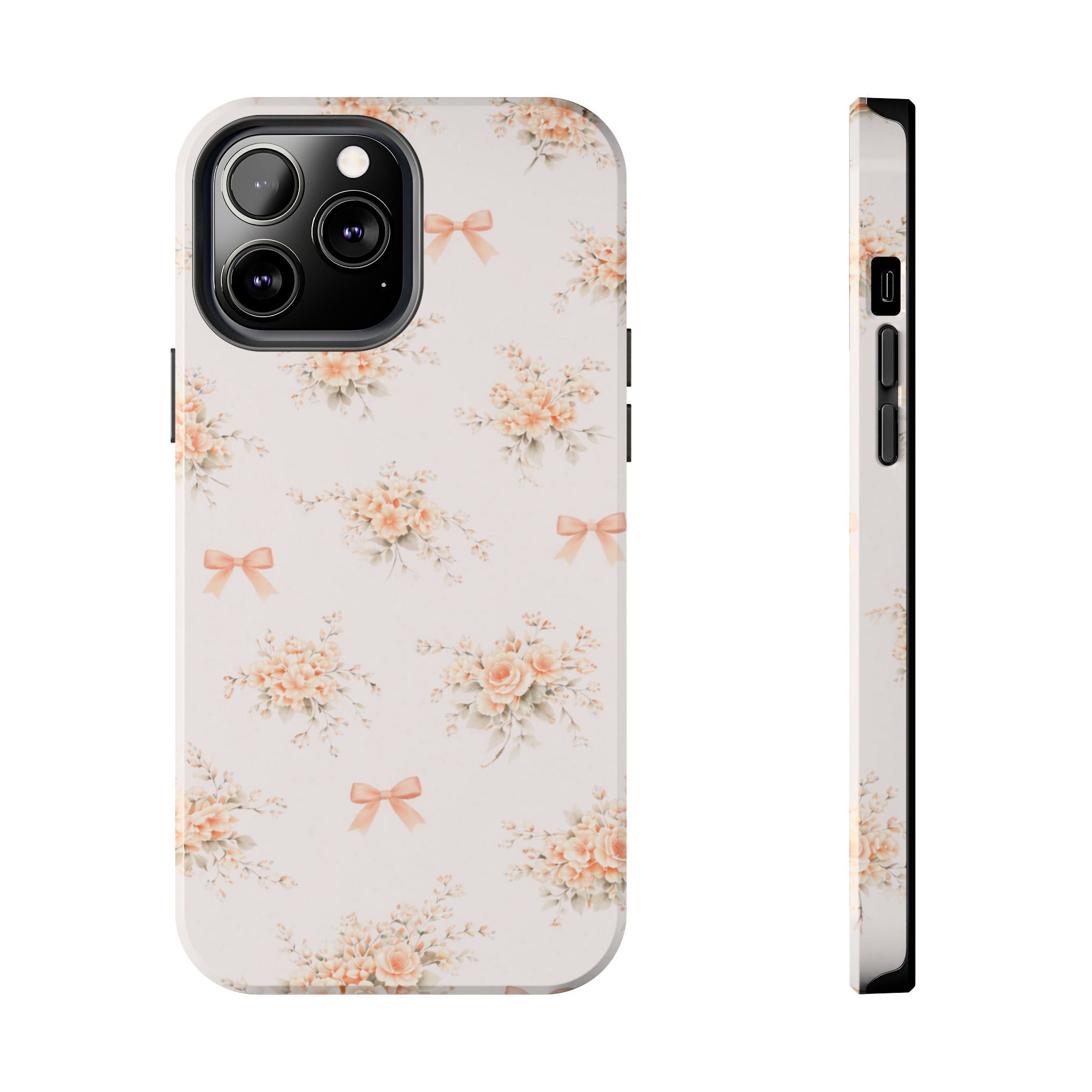 Vintage Peach Floral Bouquet iPhone Case, Tough Pastel Bow Pattern