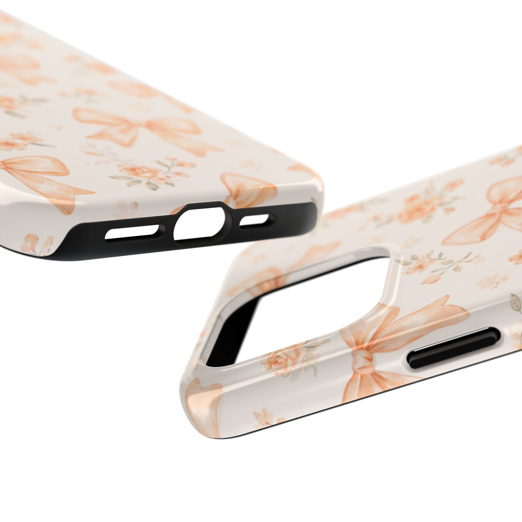 Peach Bow Floral Pattern Tough Phone Case, Peach Ribbon Design