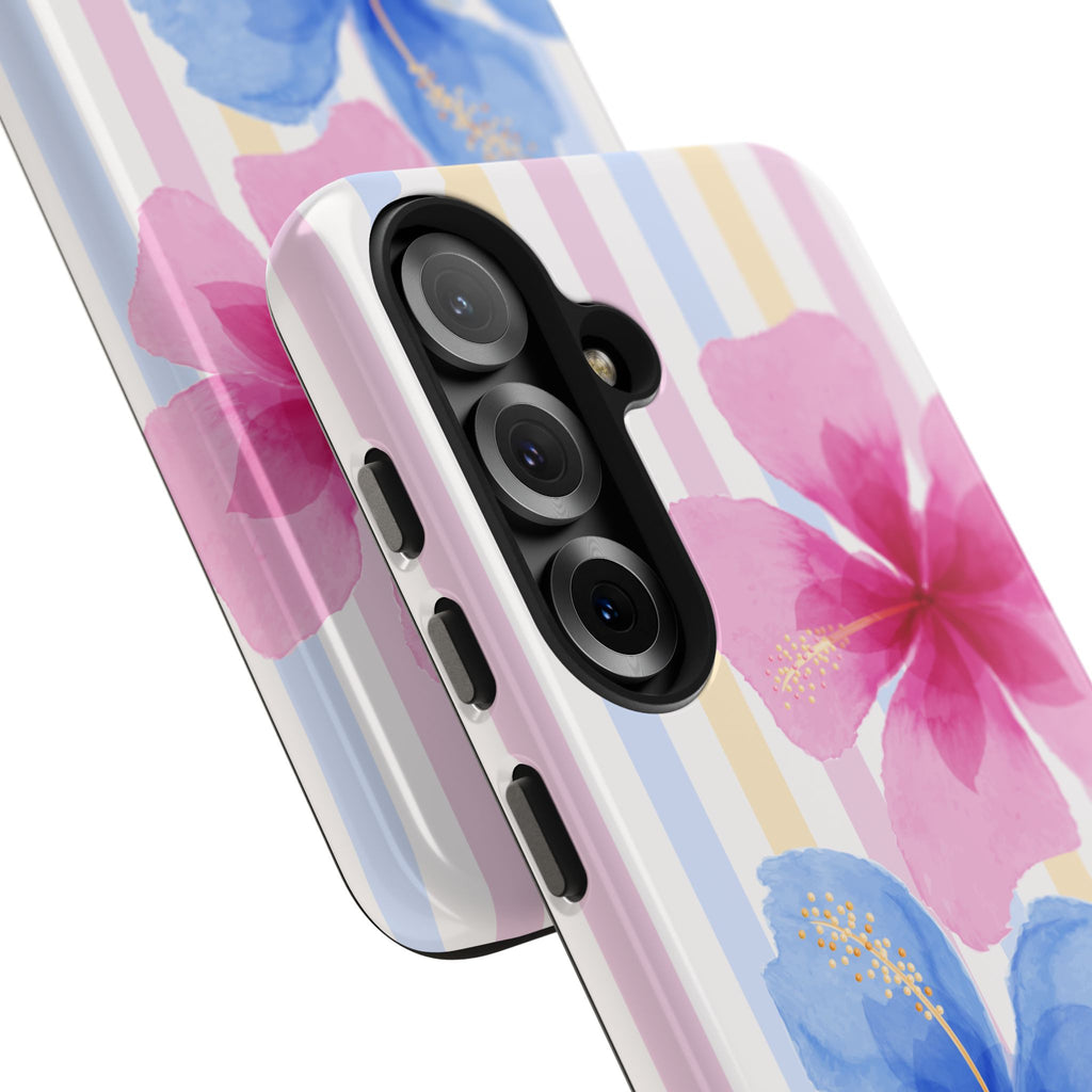 Hibiscus Stripe Tough Samsung Case – Pink & Blue Floral Protective Cover