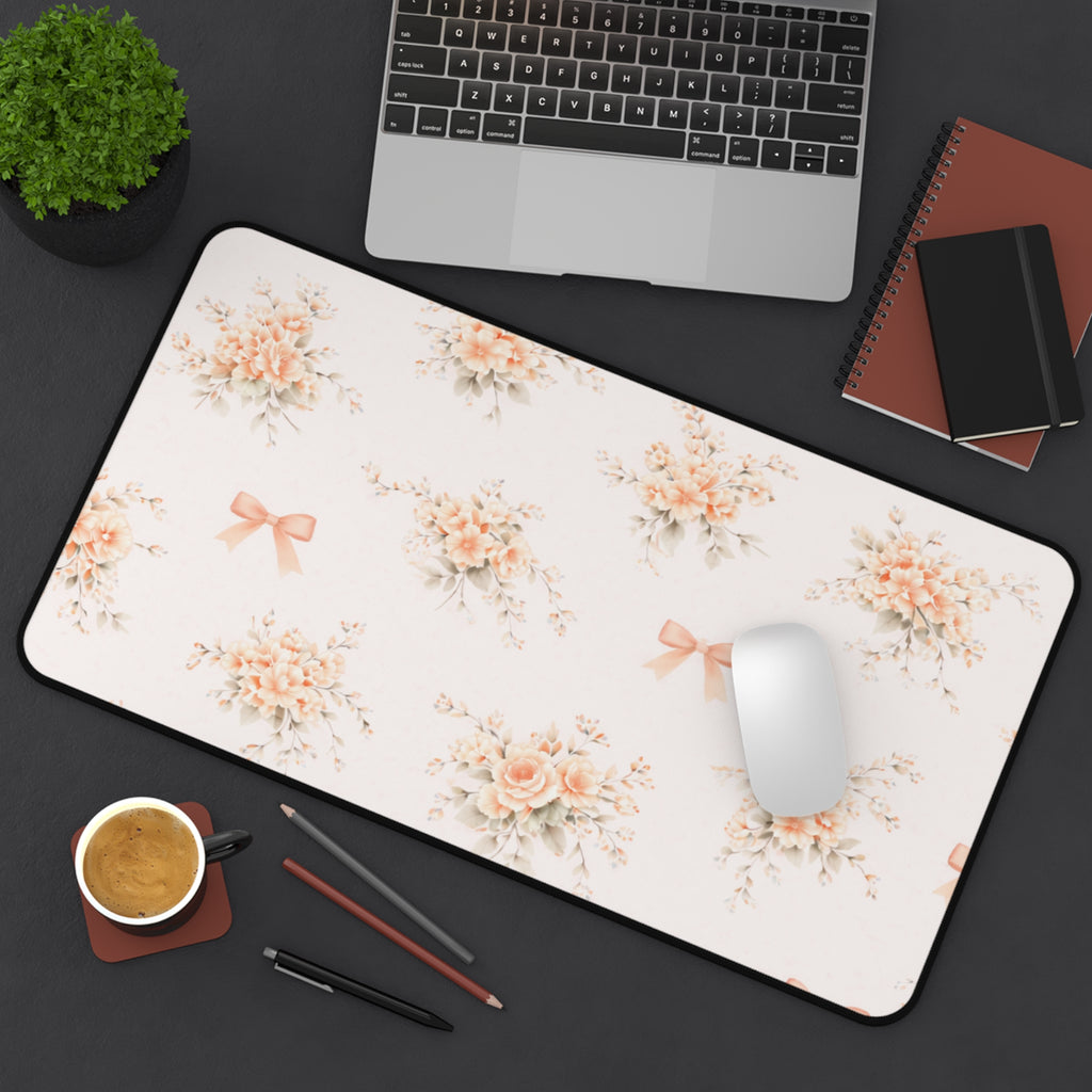 Vintage Peach Floral Bouquet Desk Mat, Roses and Bows Mousepad