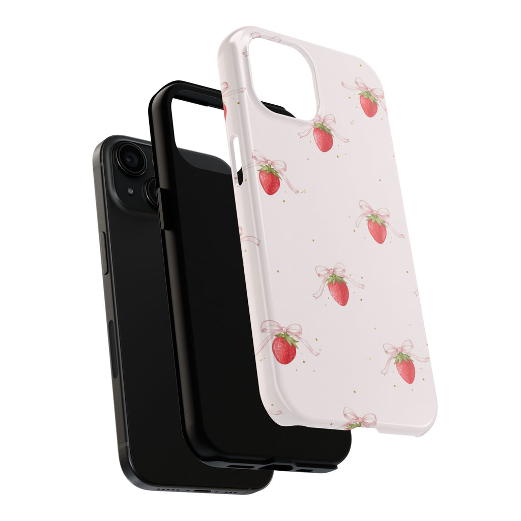 Pink Strawberry Pattern Tough Phone Case, Pastel Fruit Print