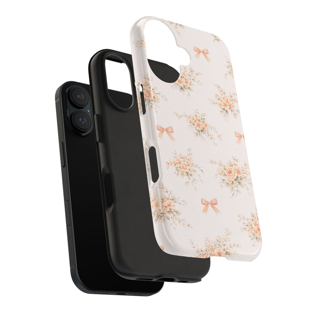 Vintage Peach Floral Bouquet iPhone Case, Tough Pastel Bow Pattern
