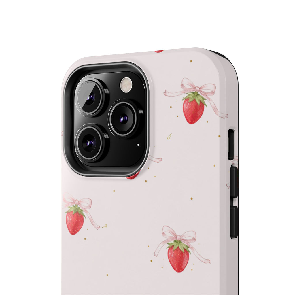 Pink Strawberry Pattern Tough Phone Case, Pastel Fruit Print