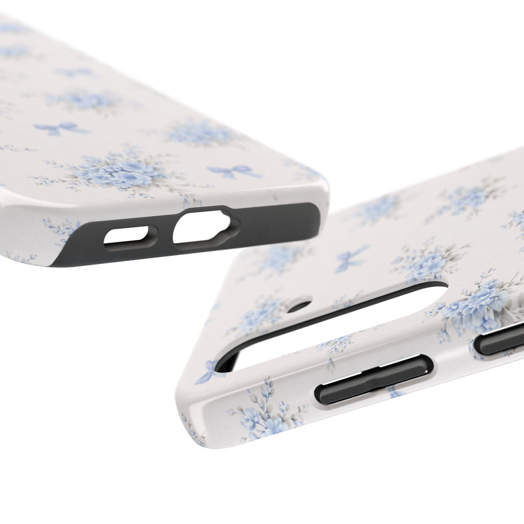 Blue Floral Bows Tough Samsung Galaxy Phone Case, Vintage Bouquet Pattern
