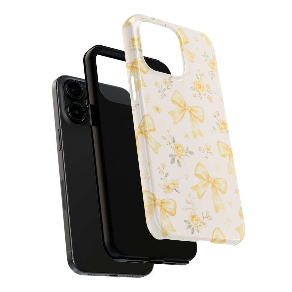 Yellow Bow Floral Phone Case, Cute Yellow Ribbon Pattern