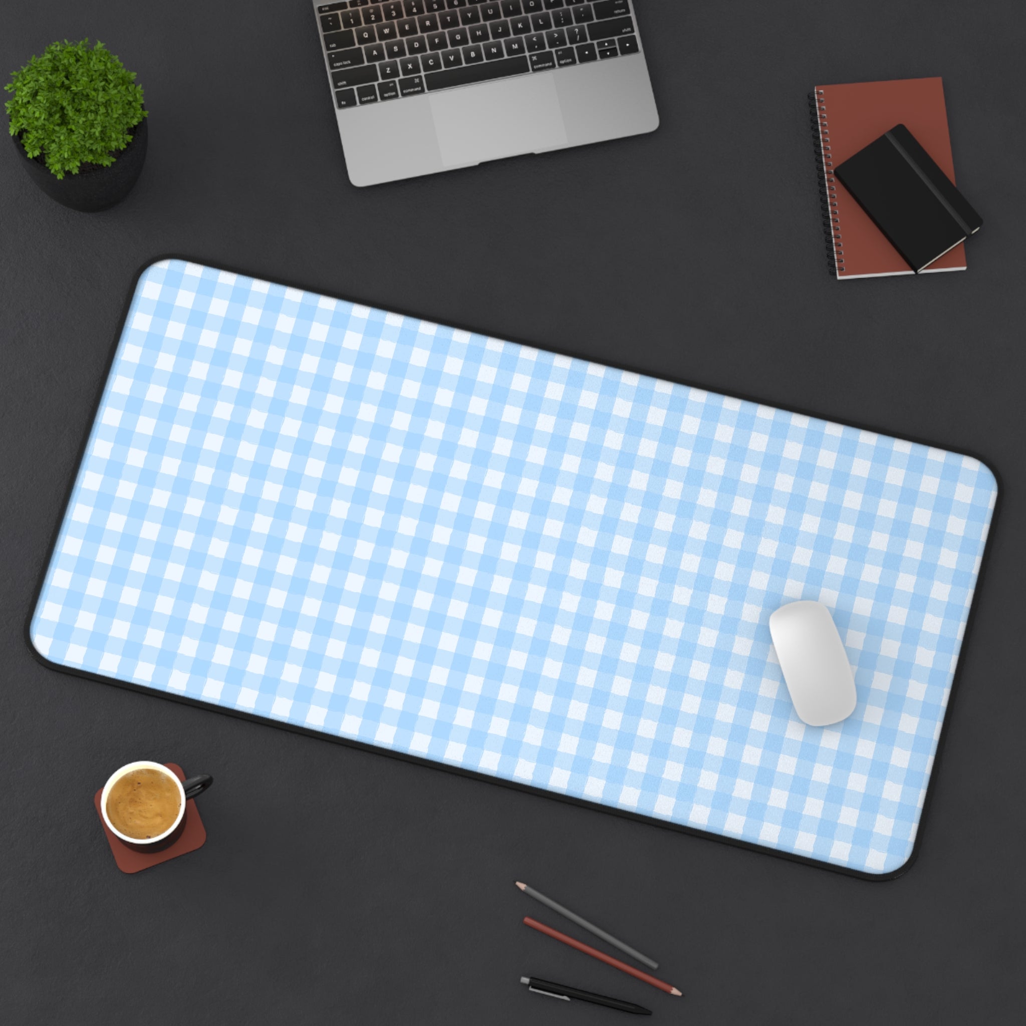 Blue Gingham Desk Mat – Pastel Checkered Mousepad for Home Office & Study