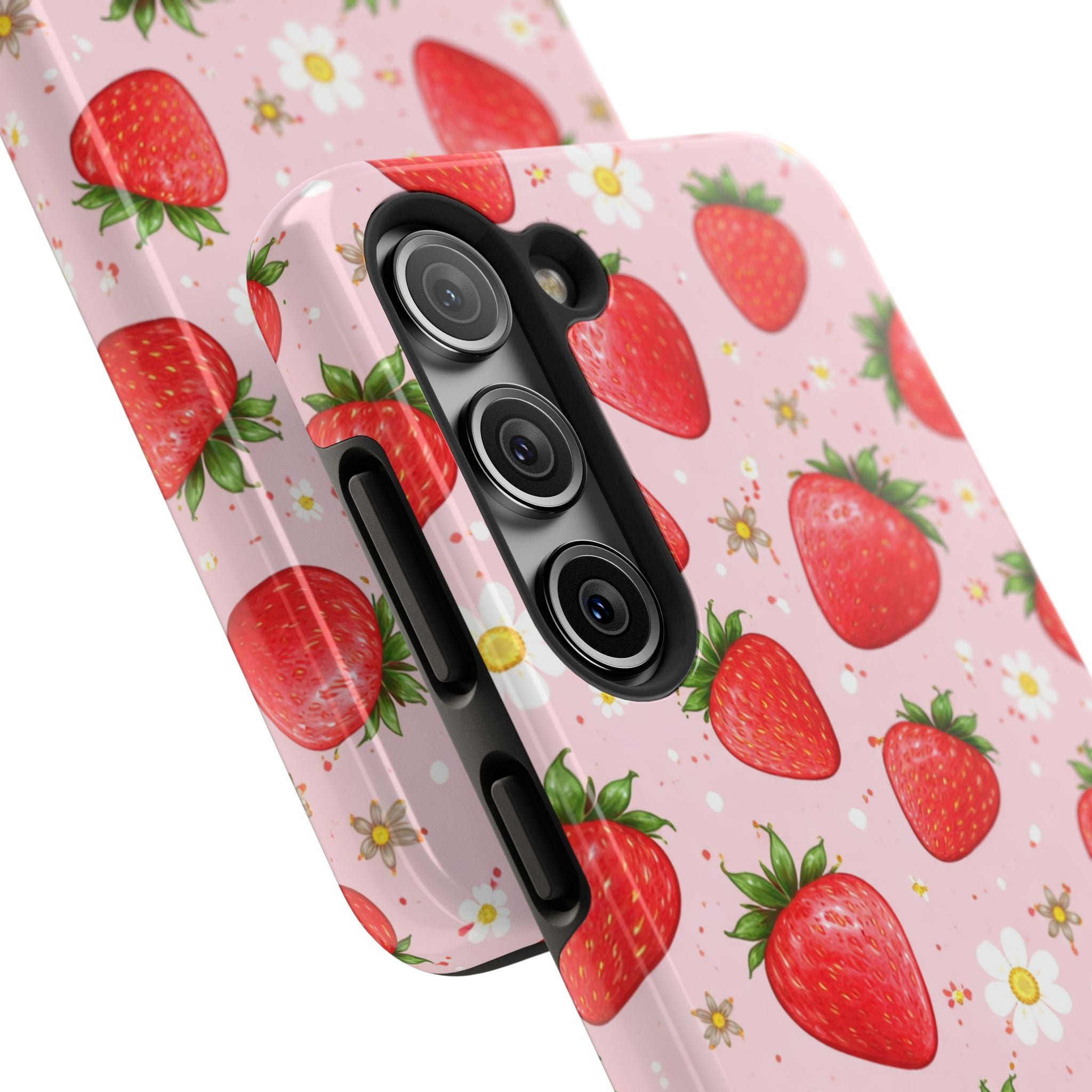 Pink Floral Strawberry Tough Phone Case, Fruit Pattern