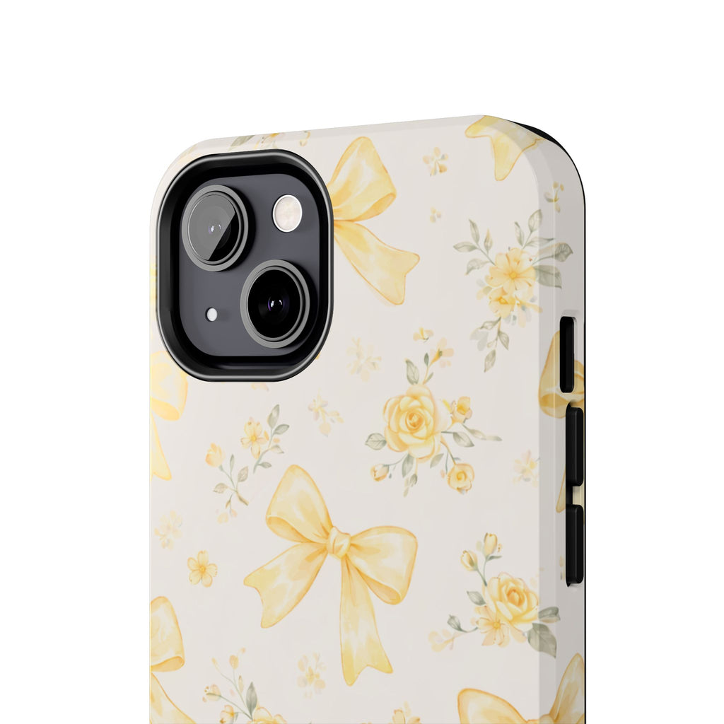 Yellow Bow Floral Phone Case, Cute Yellow Ribbon Pattern