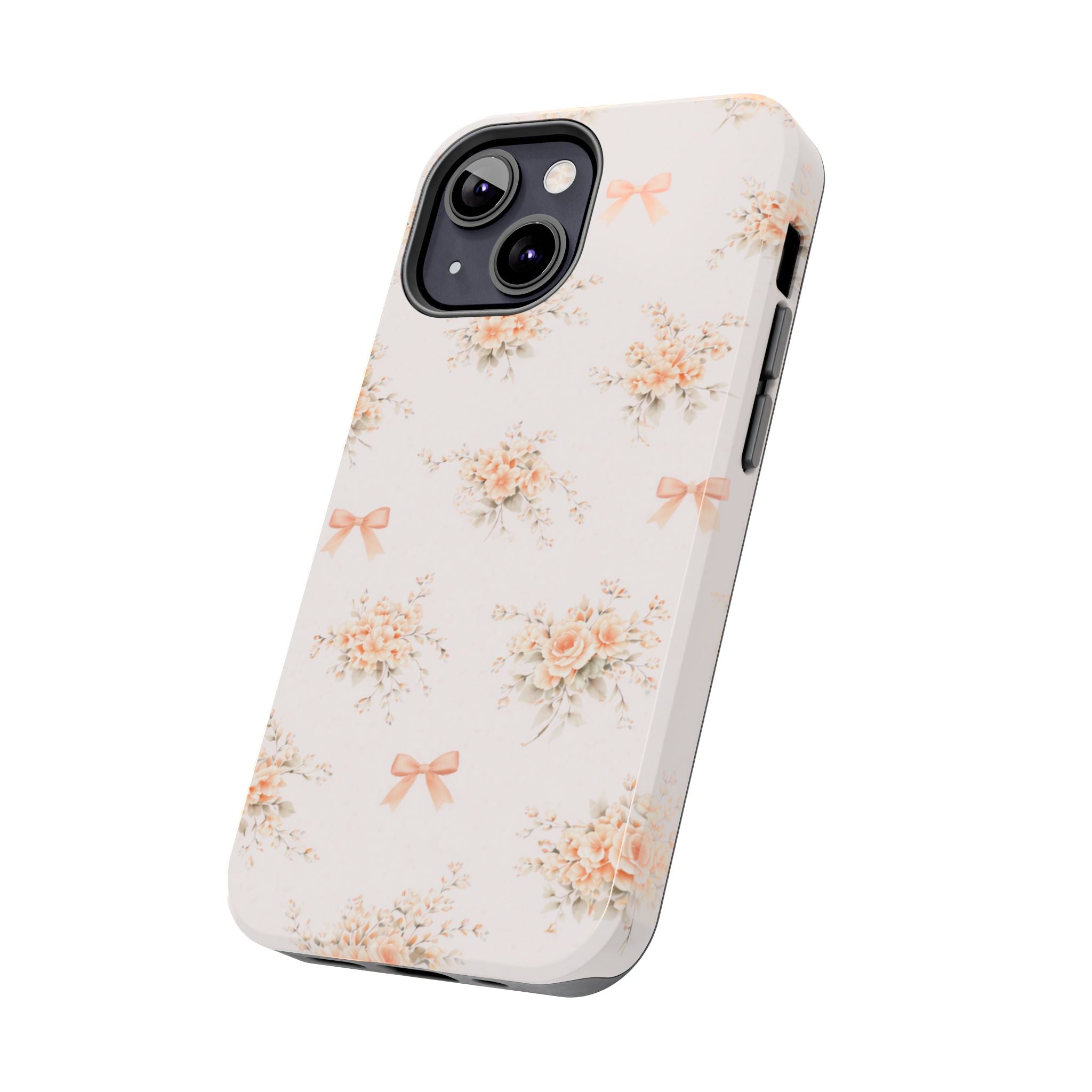 Vintage Peach Floral Bouquet iPhone Case, Tough Pastel Bow Pattern