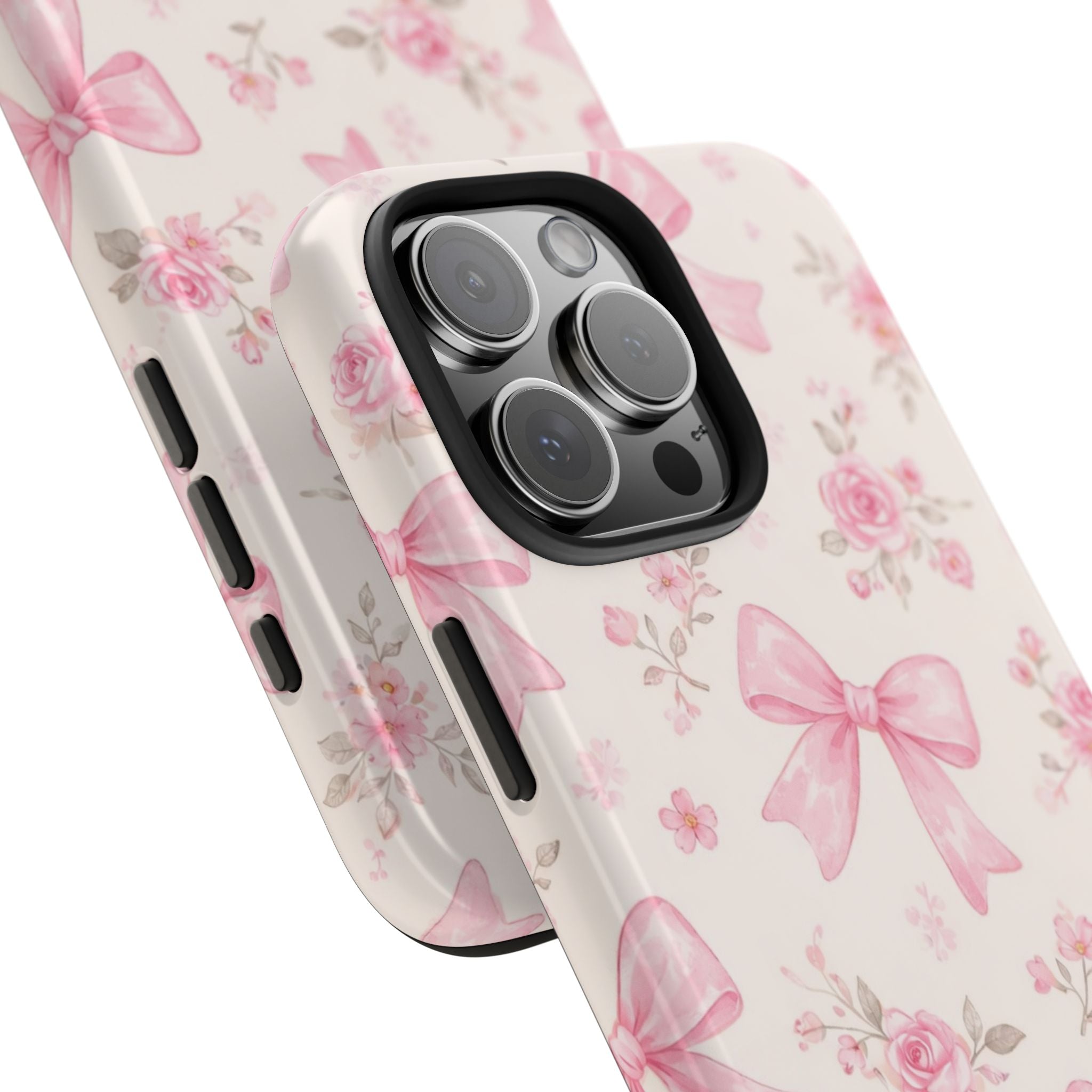 Pink Bow Floral Phone Case, Cute Vintage Rose Pattern