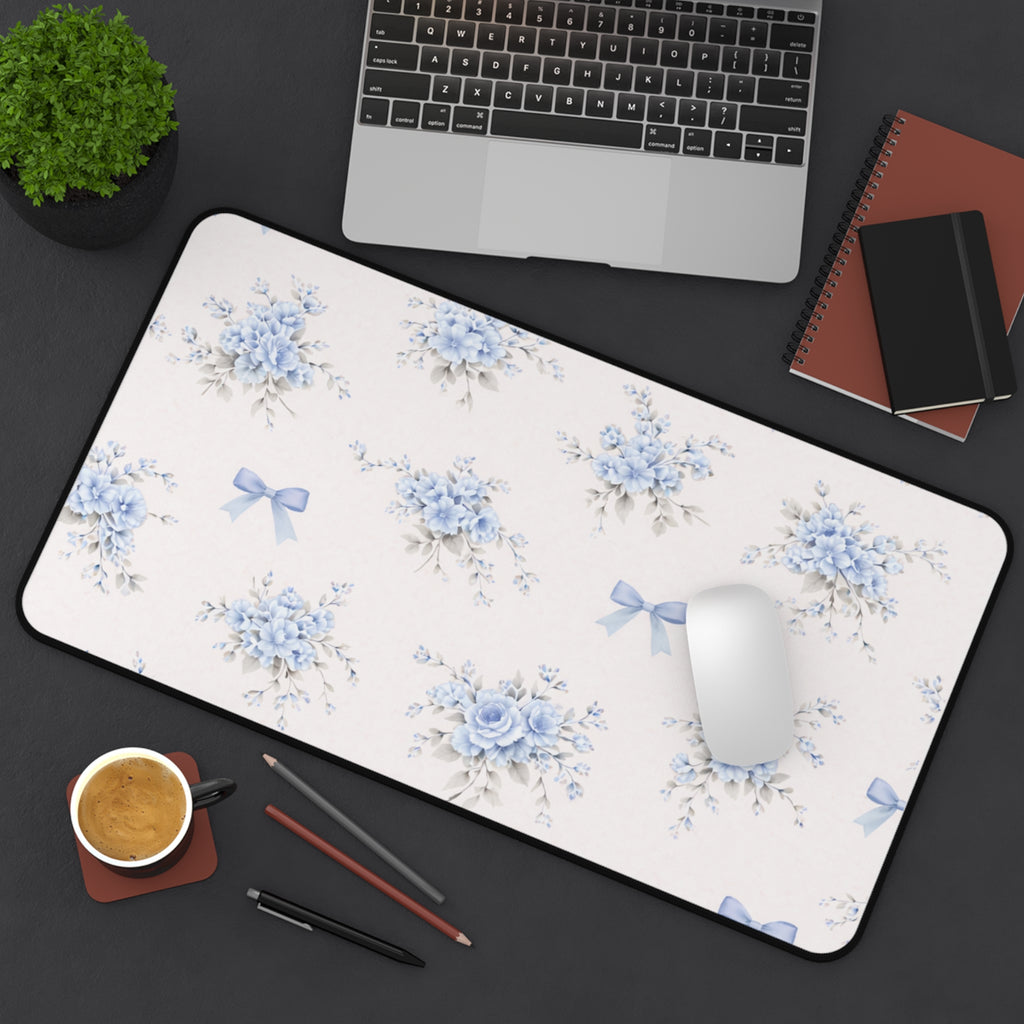 Blue Floral Bouquet Desk Mat | Vintage Roses and Bows