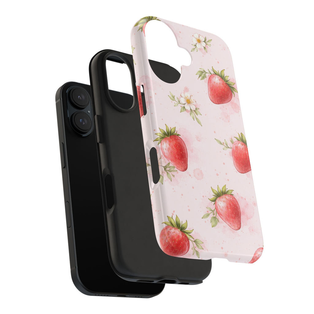 Watercolor Strawberry Phone Case, Pink Floral Fruit Pattern