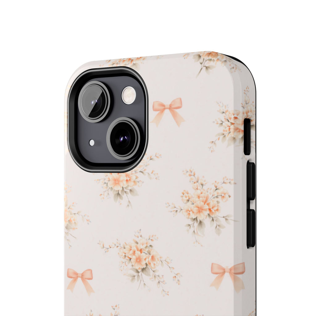 Vintage Peach Floral Bouquet iPhone Case, Tough Pastel Bow Pattern