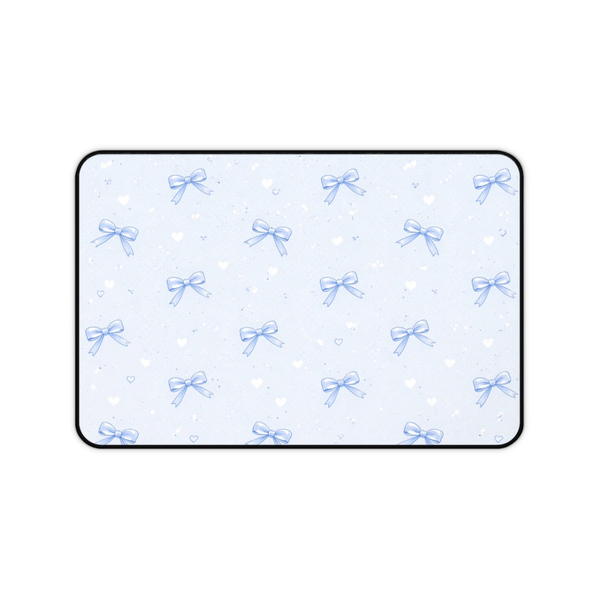 Blue Bow Pattern Desk Mat | Cute Pastel Hearts Mousepad Deskpad