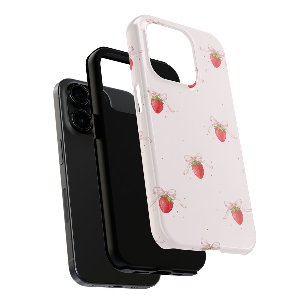 Pink Strawberry Pattern Tough Phone Case, Pastel Fruit Print