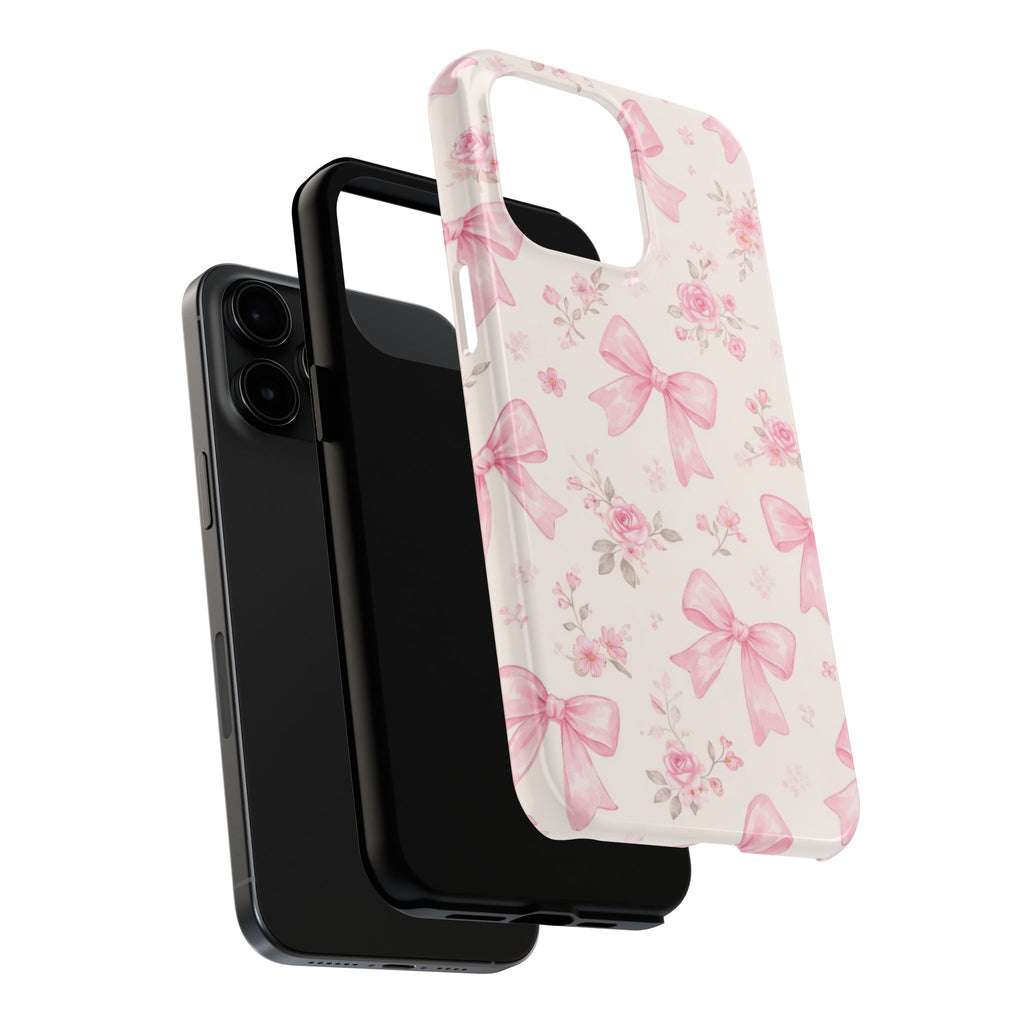 Pink Bow Floral Phone Case, Cute Vintage Rose Pattern