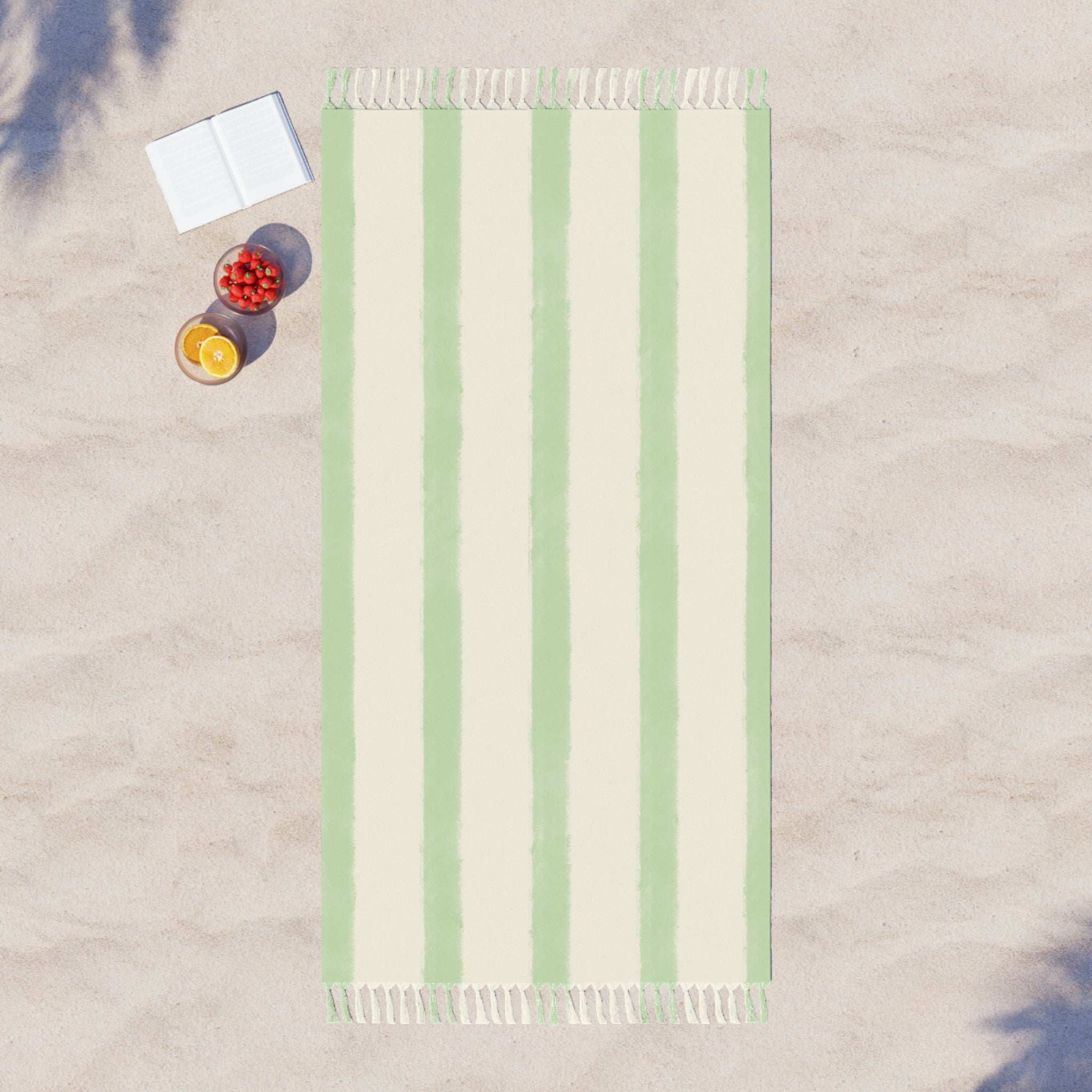 Sage Green Boho Stripe Beach Blanket – Turkish Peshtemal with Fringe