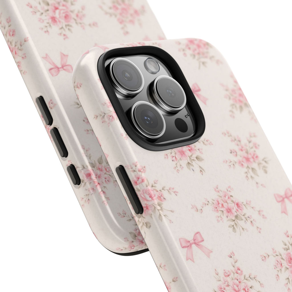 Pink Floral Bouquet iPhone Case, Vintage Roses Bows Pastel Pattern