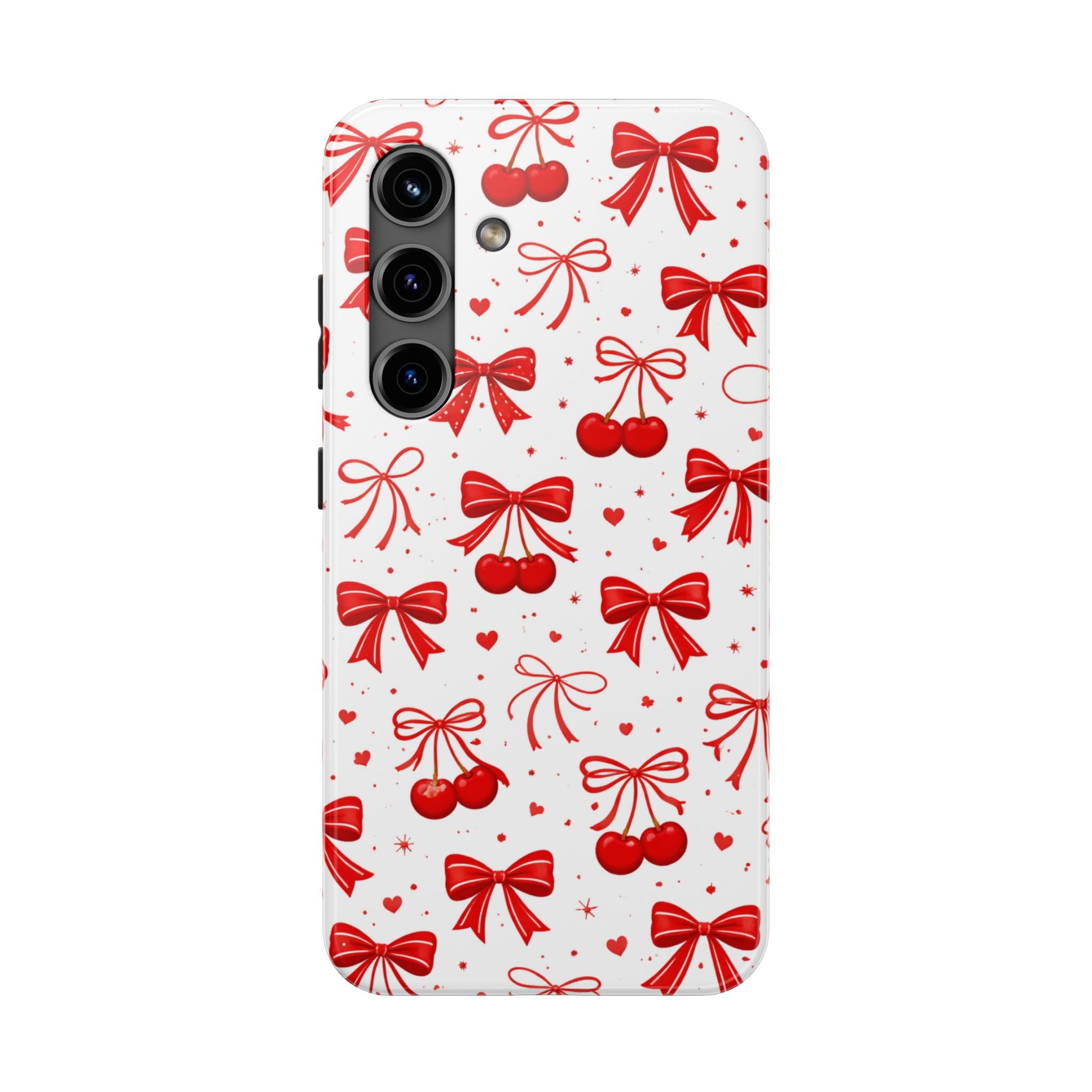 Red Bows and Cherries Tough Phone Case, Cherry Bow Pattern