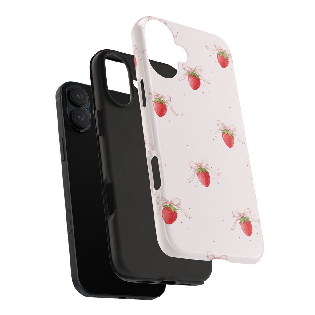 Pink Strawberry Pattern Tough Phone Case, Pastel Fruit Print