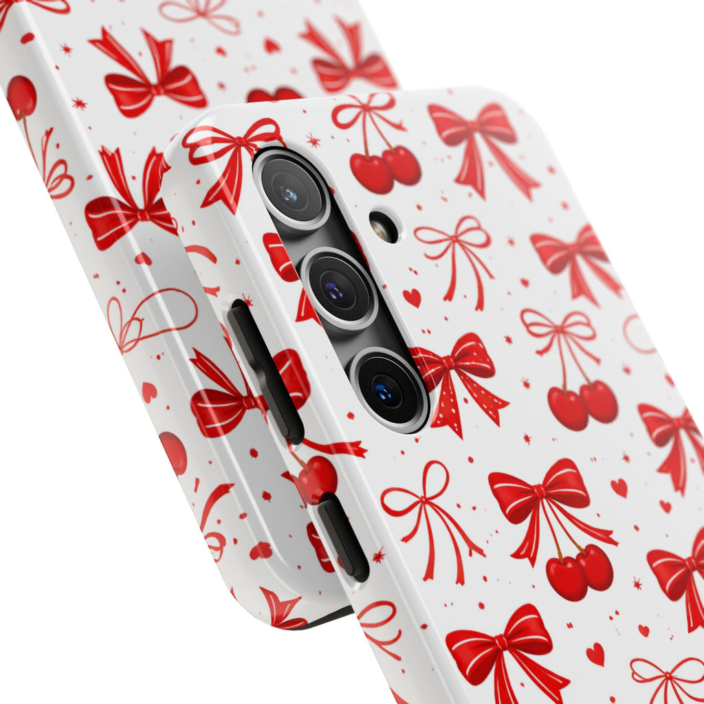 Red Bows and Cherries Tough Phone Case, Cherry Bow Pattern