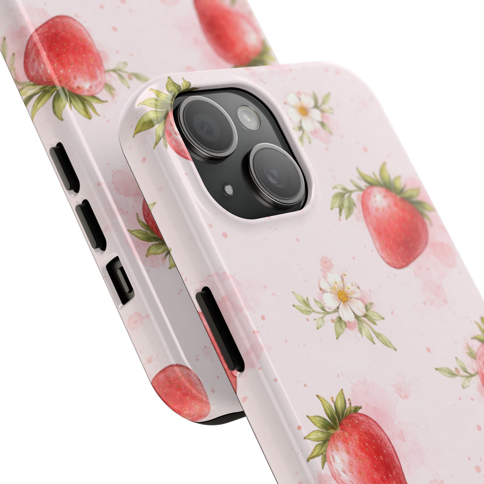 Watercolor Strawberry Phone Case, Pink Floral Fruit Pattern