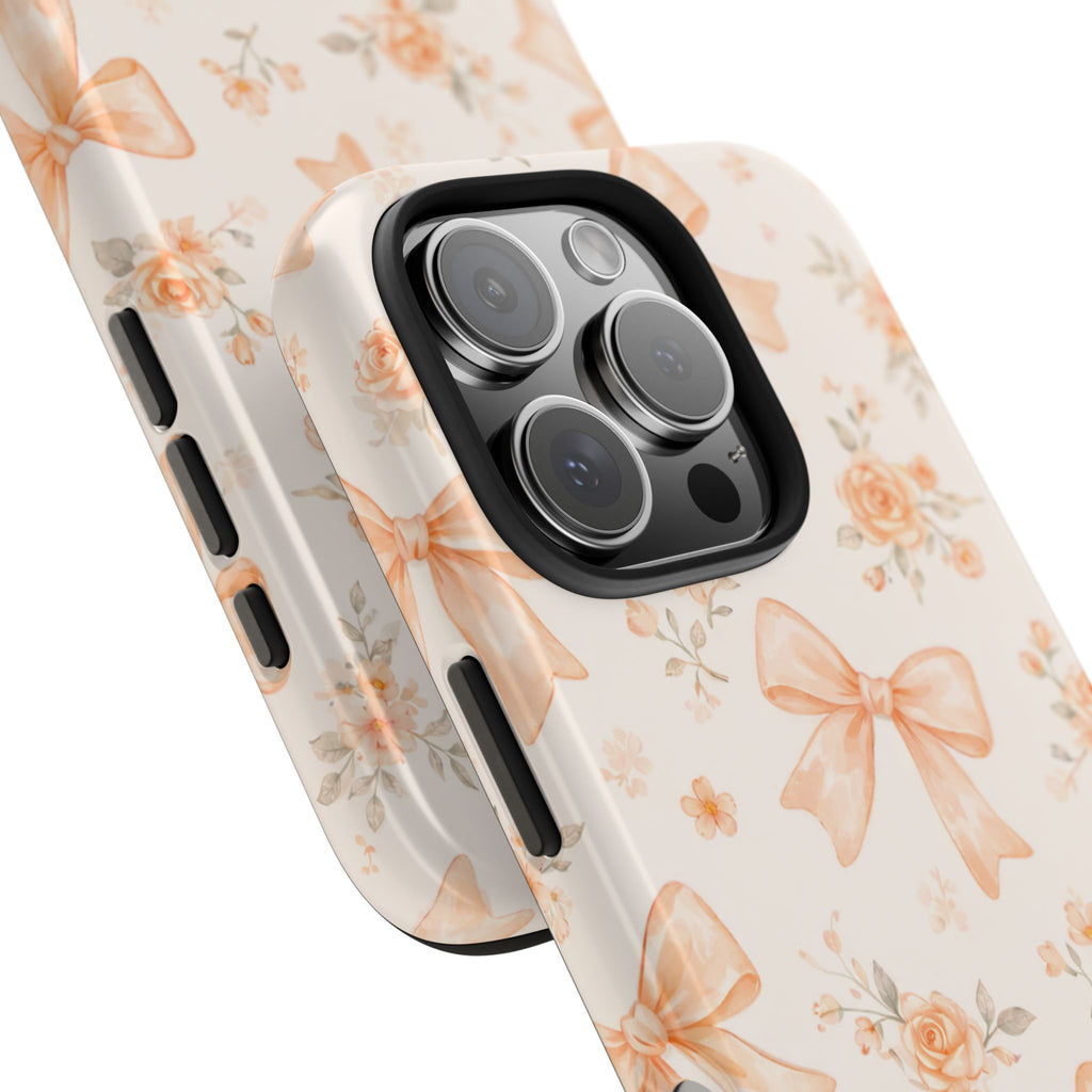 Peach Bow Floral Pattern Tough Phone Case, Peach Ribbon Design