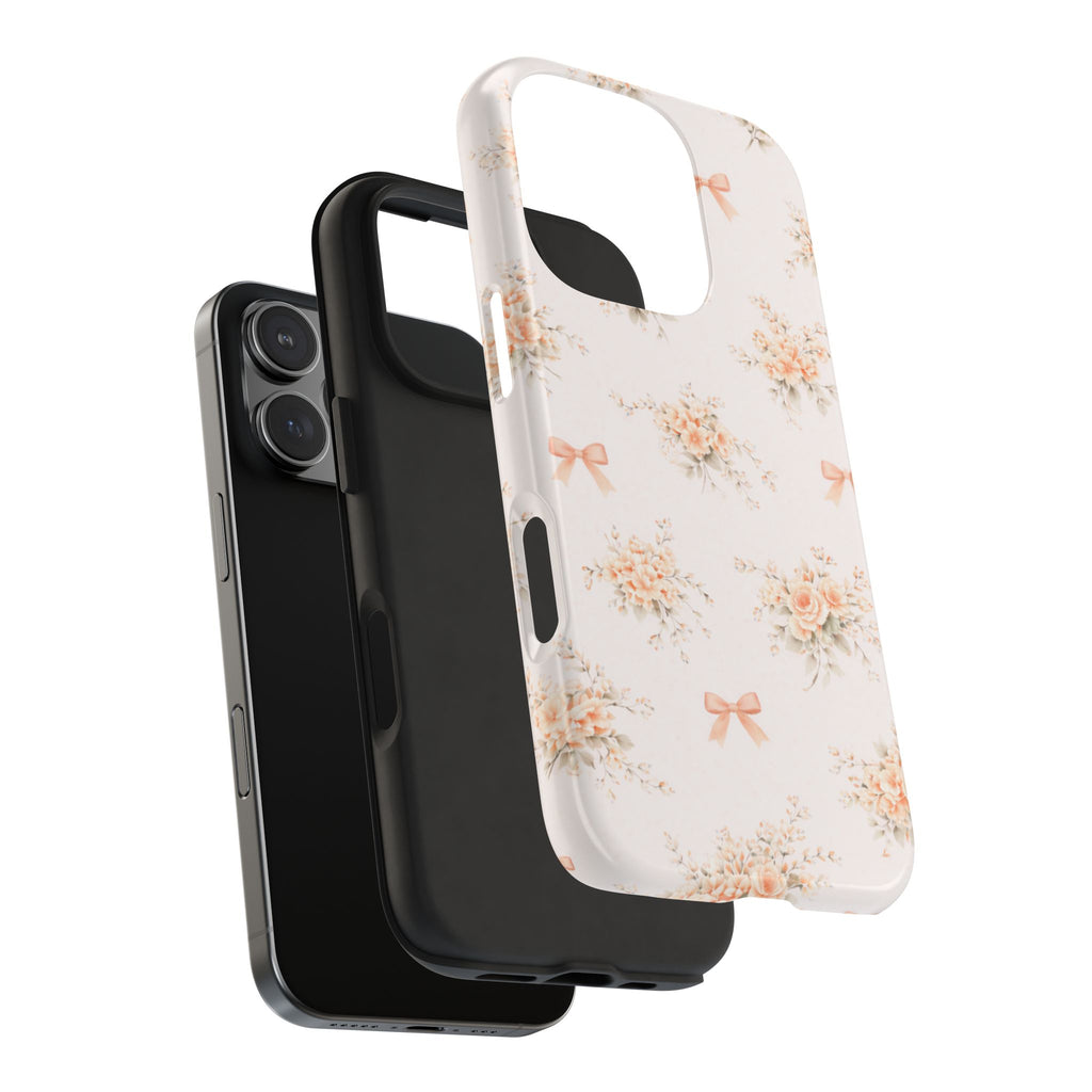 Vintage Peach Floral Bouquet iPhone Case, Tough Pastel Bow Pattern