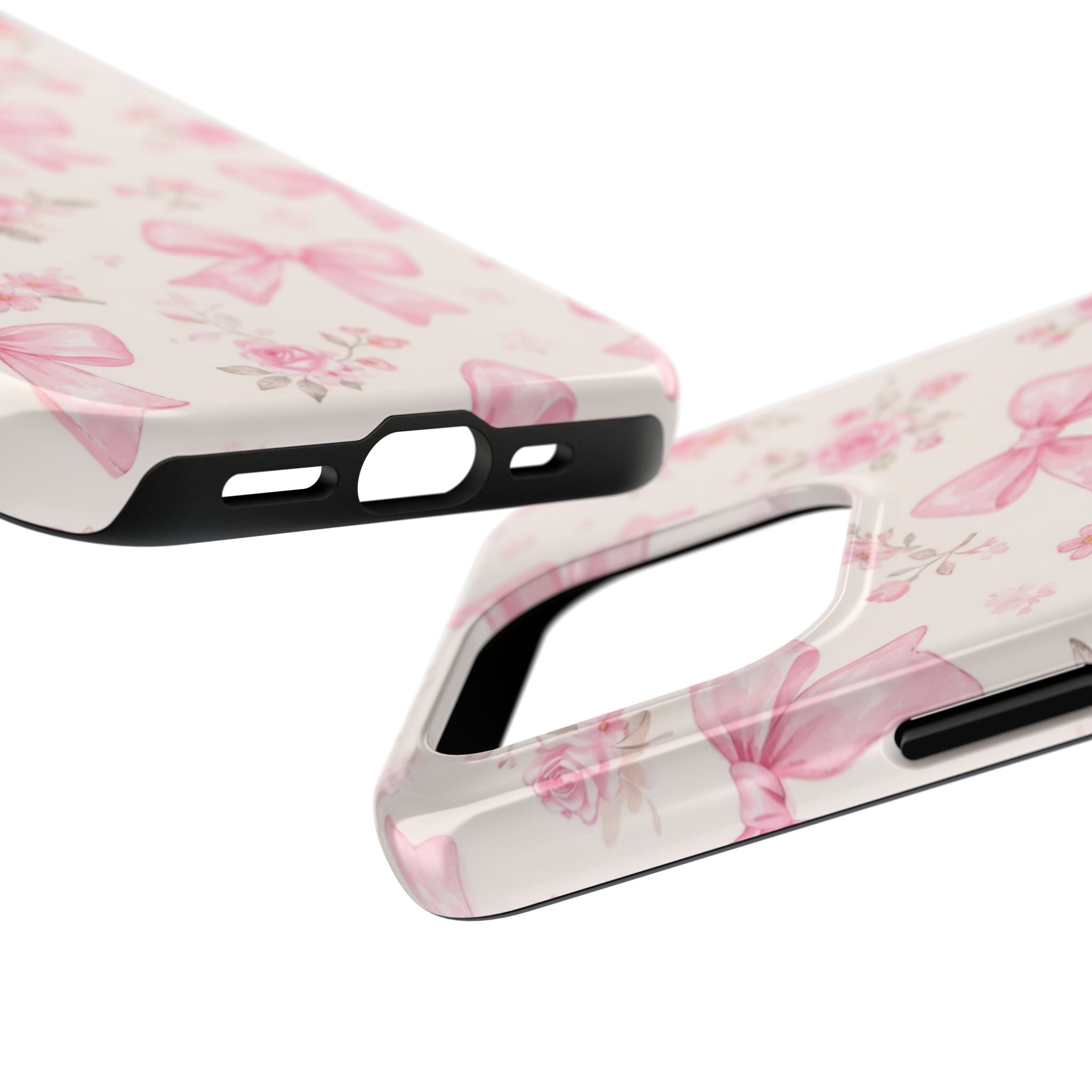 Pink Bow Floral Phone Case, Cute Vintage Rose Pattern