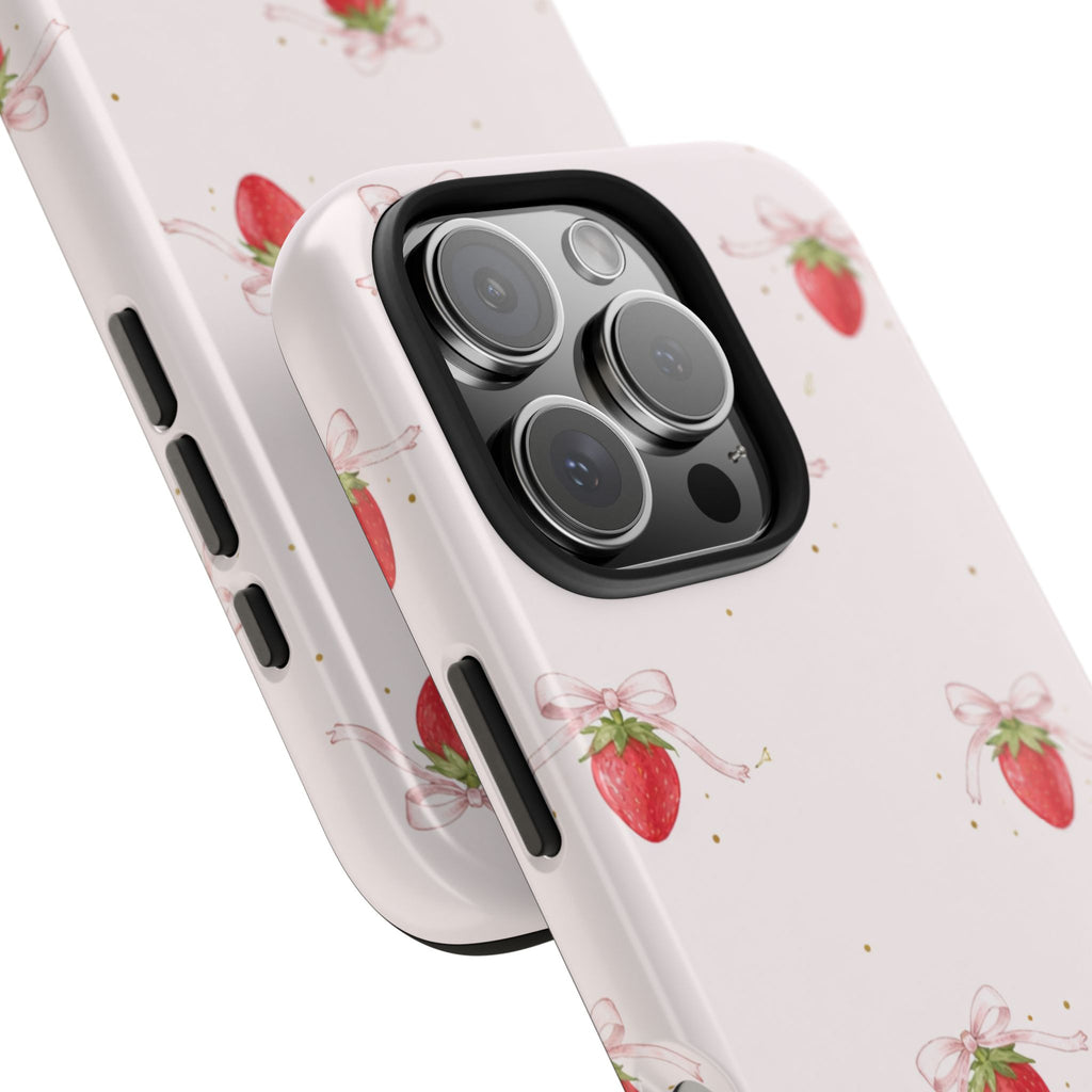 Pink Strawberry Pattern Tough Phone Case, Pastel Fruit Print