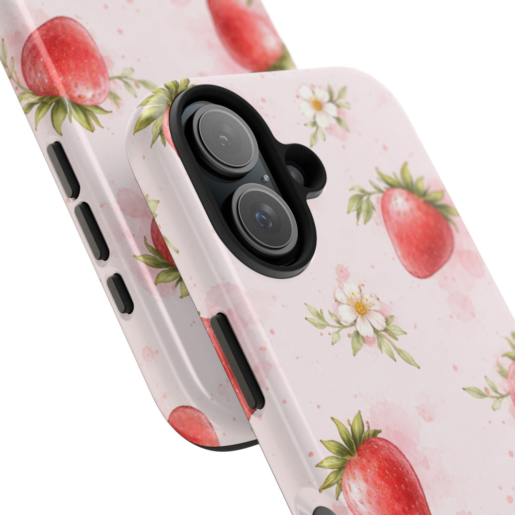 Watercolor Strawberry Phone Case, Pink Floral Fruit Pattern