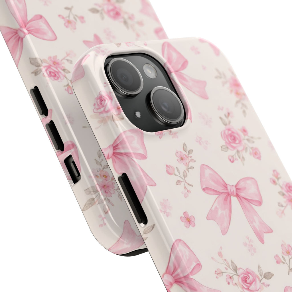 Pink Bow Floral Phone Case, Cute Vintage Rose Pattern