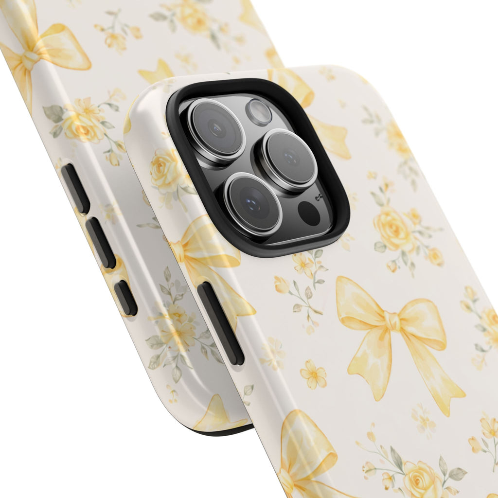 Yellow Bow Floral Phone Case, Cute Yellow Ribbon Pattern